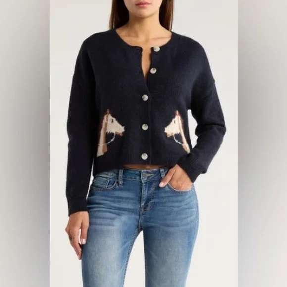 Vigoss Horse Intarsia Knit Cropped Cardigan Sweater Equestrian Preppy Heritage L - Picture 2 of 13